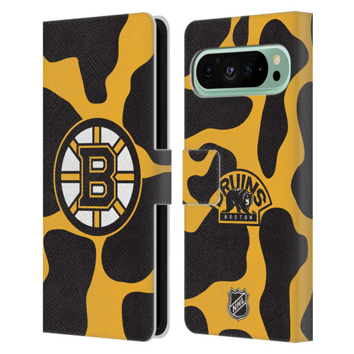 NHL Boston Bruins Cow Pattern Leather Book Wallet Case Cover For Google Pixel 9 Pro XL