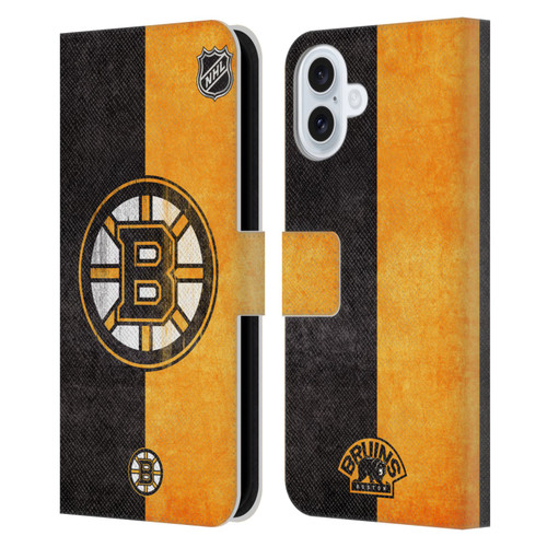 NHL Boston Bruins Half Distressed Leather Book Wallet Case Cover For Apple iPhone 16 Plus