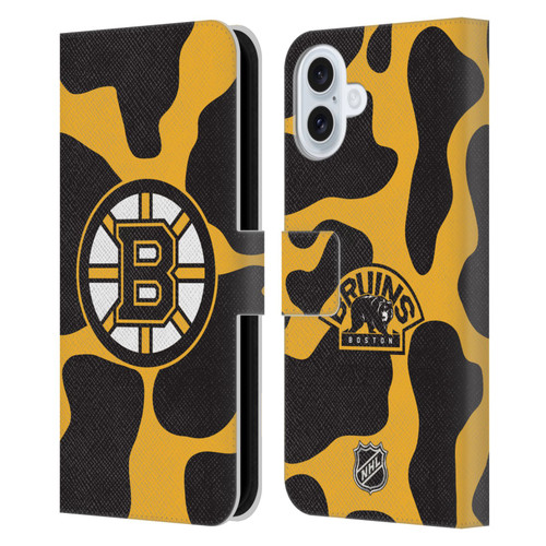 NHL Boston Bruins Cow Pattern Leather Book Wallet Case Cover For Apple iPhone 16 Plus
