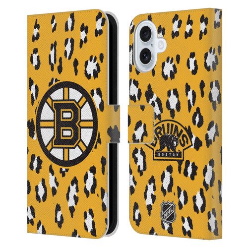 NHL Boston Bruins Leopard Patten Leather Book Wallet Case Cover For Apple iPhone 16 Plus