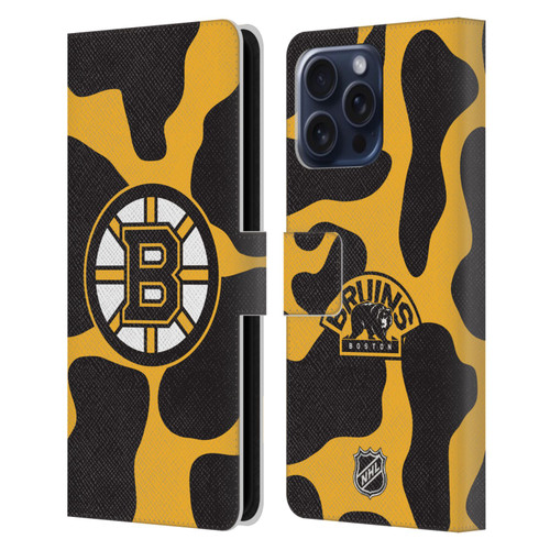 NHL Boston Bruins Cow Pattern Leather Book Wallet Case Cover For Apple iPhone 16 Pro Max