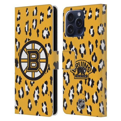 NHL Boston Bruins Leopard Patten Leather Book Wallet Case Cover For Apple iPhone 16 Pro Max