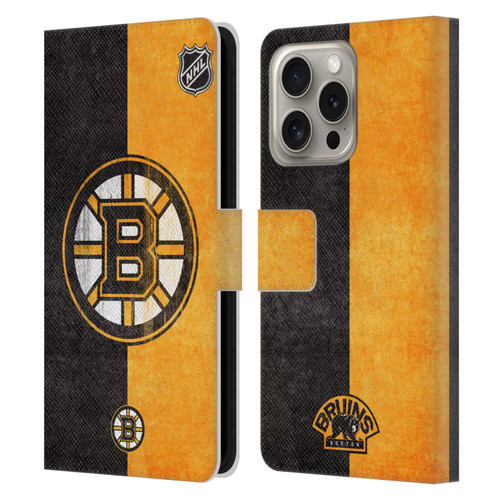 NHL Boston Bruins Half Distressed Leather Book Wallet Case Cover For Apple iPhone 16 Pro