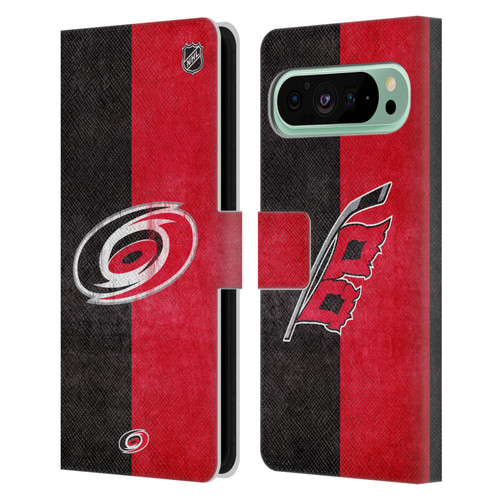 NHL Carolina Hurricanes Half Distressed Leather Book Wallet Case Cover For Google Pixel 9 Pro XL