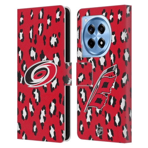 NHL Carolina Hurricanes Leopard Patten Leather Book Wallet Case Cover For OnePlus 12R