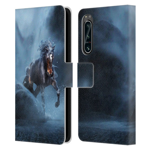 Klaudia Senator Animal Art Black Horse Leather Book Wallet Case Cover For Sony Xperia 5 IV
