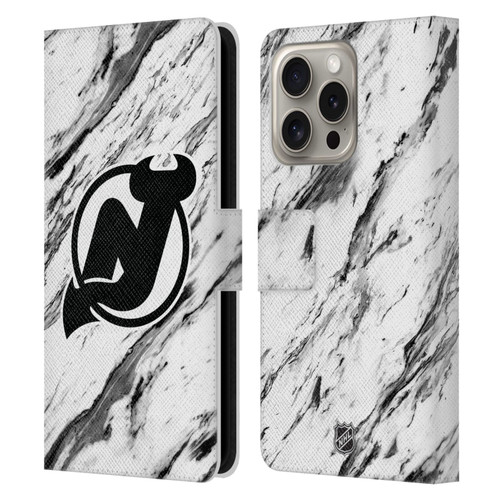 NHL New Jersey Devils Marble Leather Book Wallet Case Cover For Apple iPhone 16 Pro