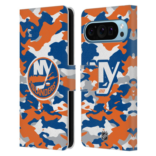 NHL New York Islanders Camouflage Leather Book Wallet Case Cover For Google Pixel 9 / Pixel 9 Pro