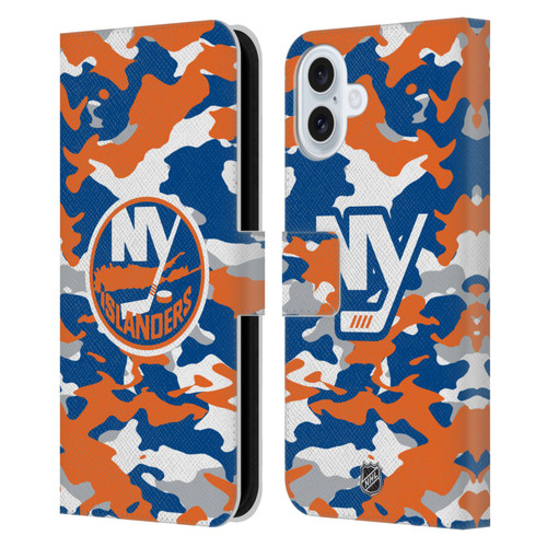 NHL New York Islanders Camouflage Leather Book Wallet Case Cover For Apple iPhone 16 Plus