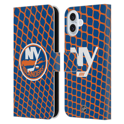 NHL New York Islanders Net Pattern Leather Book Wallet Case Cover For Apple iPhone 16 Plus