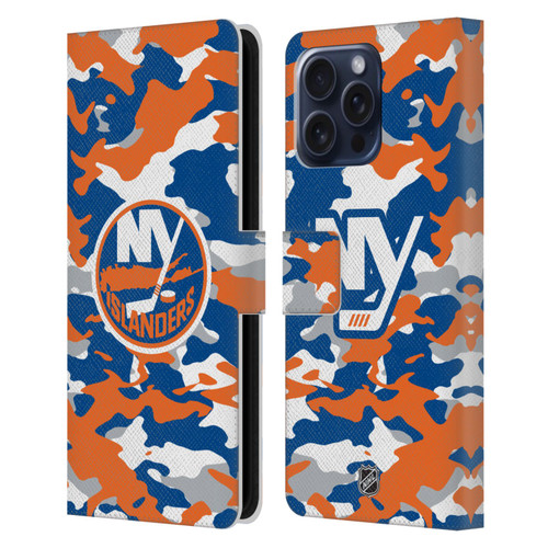 NHL New York Islanders Camouflage Leather Book Wallet Case Cover For Apple iPhone 16 Pro Max