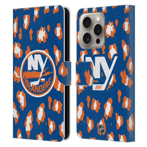 NHL New York Islanders Leopard Patten Leather Book Wallet Case Cover For Apple iPhone 16 Pro