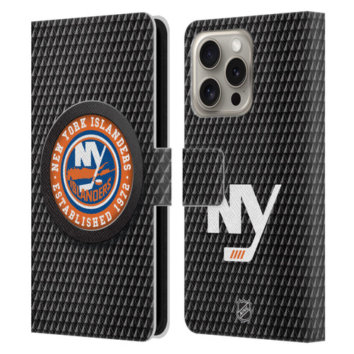 NHL New York Islanders Puck Texture Leather Book Wallet Case Cover For Apple iPhone 16 Pro