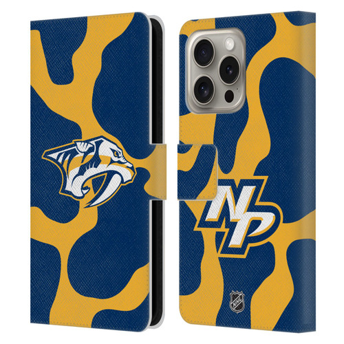 NHL Nashville Predators Cow Pattern Leather Book Wallet Case Cover For Apple iPhone 16 Pro