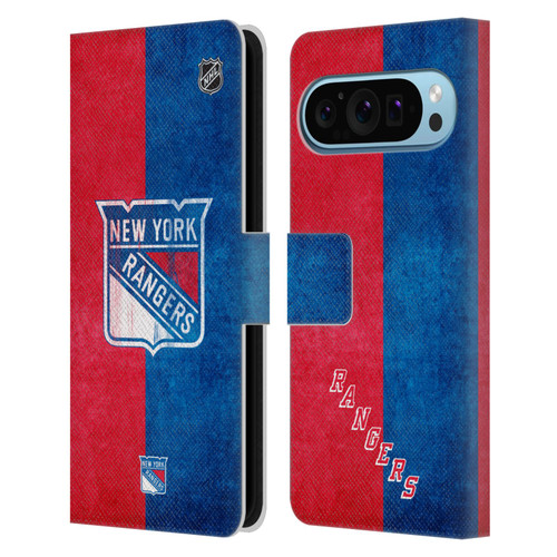 NHL New York Rangers Half Distressed Leather Book Wallet Case Cover For Google Pixel 9 / Pixel 9 Pro
