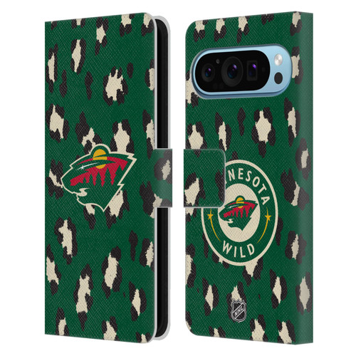 NHL Minnesota Wild Leopard Patten Leather Book Wallet Case Cover For Google Pixel 9 / Pixel 9 Pro