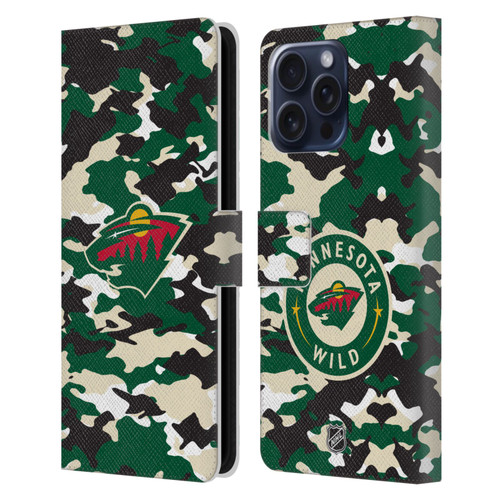 NHL Minnesota Wild Camouflage Leather Book Wallet Case Cover For Apple iPhone 16 Pro Max