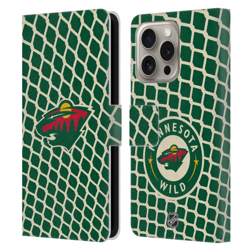NHL Minnesota Wild Net Pattern Leather Book Wallet Case Cover For Apple iPhone 16 Pro
