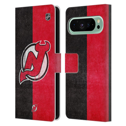NHL New Jersey Devils Half Distressed Leather Book Wallet Case Cover For Google Pixel 9 Pro XL