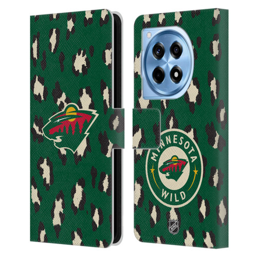 NHL Minnesota Wild Leopard Patten Leather Book Wallet Case Cover For OnePlus 12R