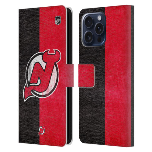 NHL New Jersey Devils Half Distressed Leather Book Wallet Case Cover For Apple iPhone 16 Pro Max