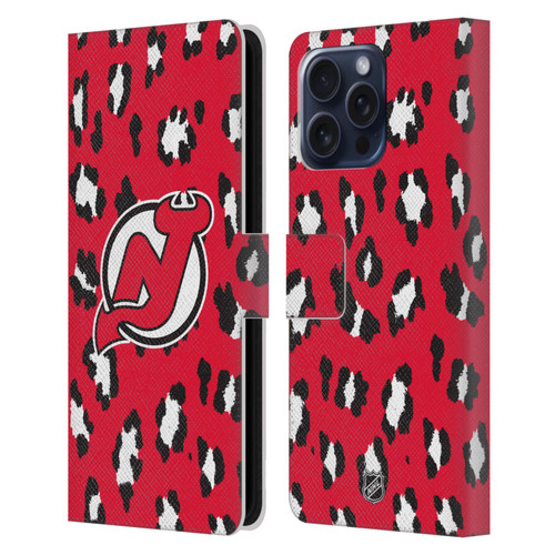 NHL New Jersey Devils Leopard Patten Leather Book Wallet Case Cover For Apple iPhone 16 Pro Max