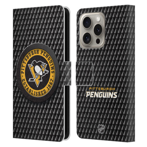 NHL Pittsburgh Penguins Puck Texture Leather Book Wallet Case Cover For Apple iPhone 16 Pro