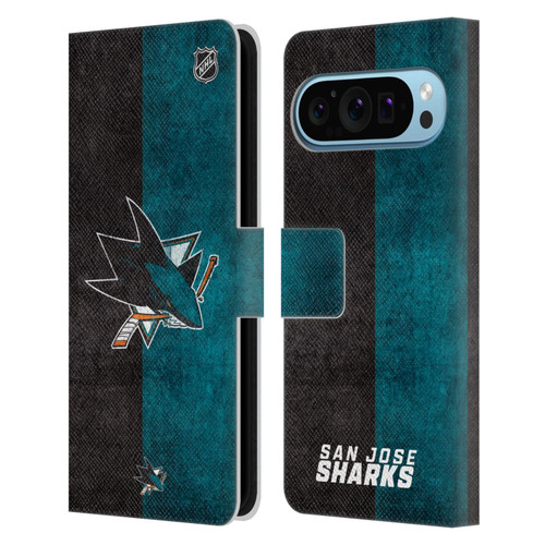 NHL San Jose Sharks Half Distressed Leather Book Wallet Case Cover For Google Pixel 9 / Pixel 9 Pro