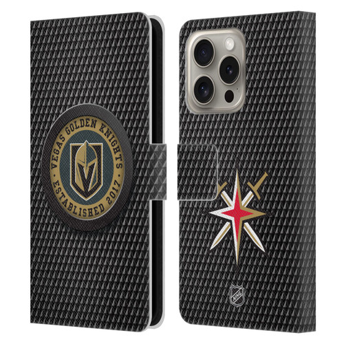 NHL Vegas Golden Knights Puck Texture Leather Book Wallet Case Cover For Apple iPhone 16 Pro