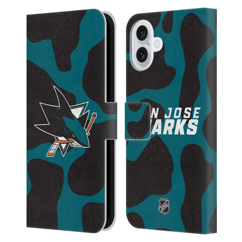 NHL San Jose Sharks Cow Pattern Leather Book Wallet Case Cover For Apple iPhone 16 Plus