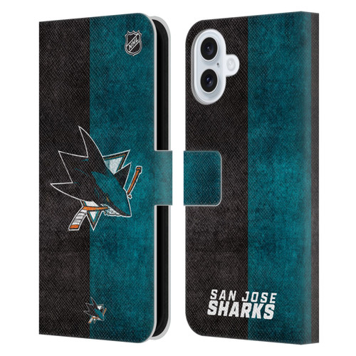 NHL San Jose Sharks Half Distressed Leather Book Wallet Case Cover For Apple iPhone 16 Plus