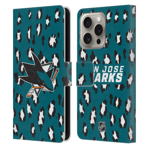 NHL San Jose Sharks Leopard Patten Leather Book Wallet Case Cover For Apple iPhone 16 Pro
