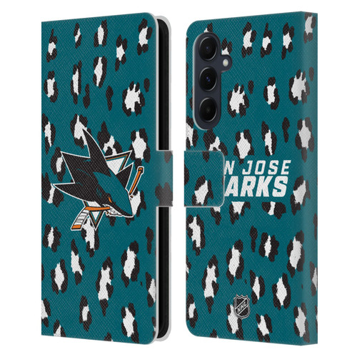 NHL San Jose Sharks Leopard Patten Leather Book Wallet Case Cover For Samsung Galaxy A55 5G