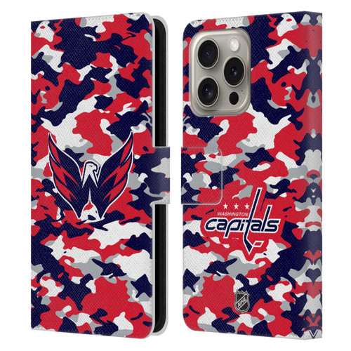 NHL Washington Capitals Camouflage Leather Book Wallet Case Cover For Apple iPhone 16 Pro