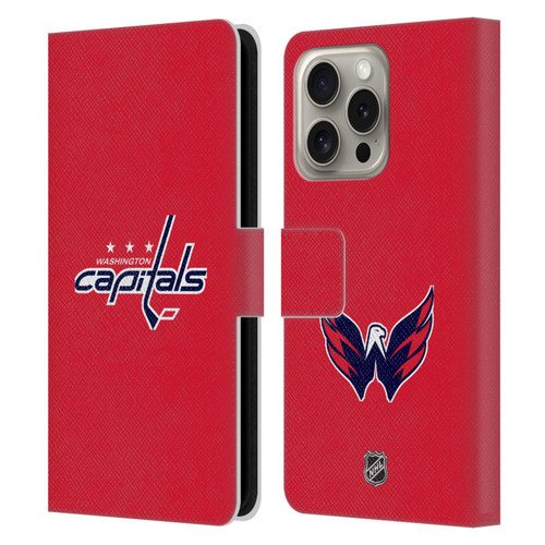NHL Washington Capitals Plain Leather Book Wallet Case Cover For Apple iPhone 16 Pro