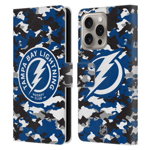 NHL Tampa Bay Lightning Camouflage Leather Book Wallet Case Cover For Apple iPhone 16 Pro