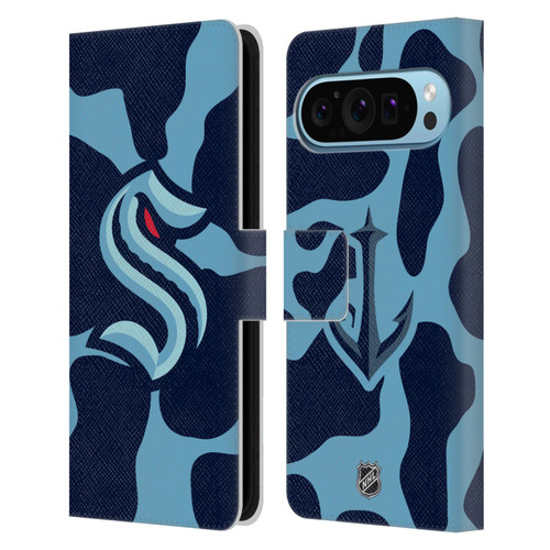NHL Seattle Kraken Cow Pattern Leather Book Wallet Case Cover For Google Pixel 9 / Pixel 9 Pro