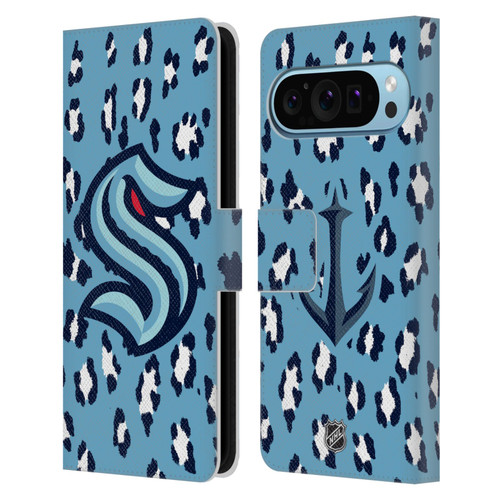 NHL Seattle Kraken Leopard Patten Leather Book Wallet Case Cover For Google Pixel 9 / Pixel 9 Pro