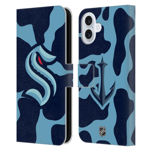 NHL Seattle Kraken Cow Pattern Leather Book Wallet Case Cover For Apple iPhone 16 Plus