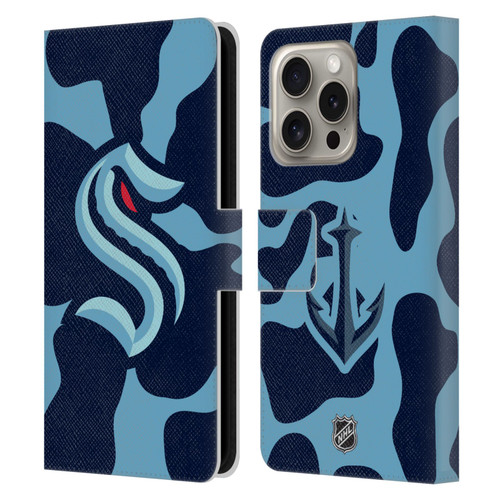NHL Seattle Kraken Cow Pattern Leather Book Wallet Case Cover For Apple iPhone 16 Pro