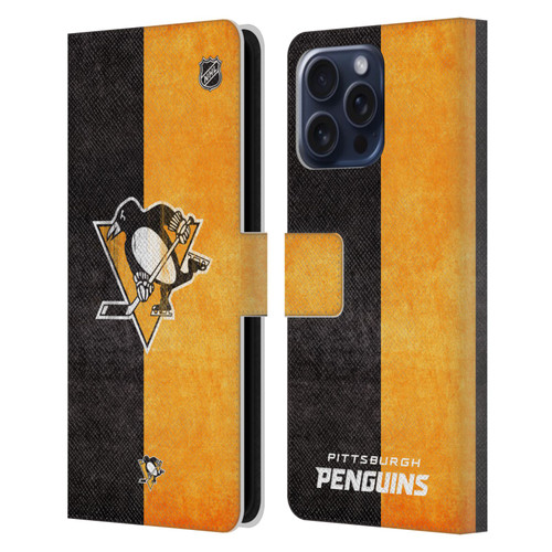 NHL Pittsburgh Penguins Half Distressed Leather Book Wallet Case Cover For Apple iPhone 16 Pro Max