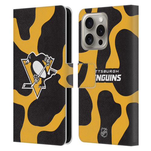 NHL Pittsburgh Penguins Cow Pattern Leather Book Wallet Case Cover For Apple iPhone 16 Pro