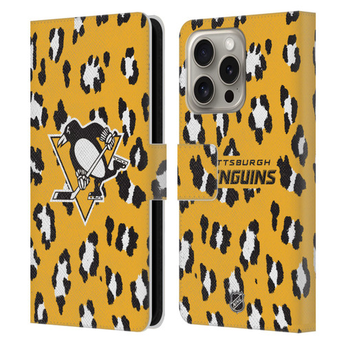 NHL Pittsburgh Penguins Leopard Patten Leather Book Wallet Case Cover For Apple iPhone 16 Pro