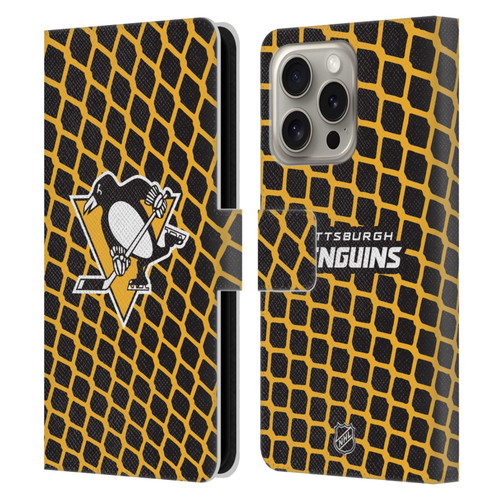NHL Pittsburgh Penguins Net Pattern Leather Book Wallet Case Cover For Apple iPhone 16 Pro