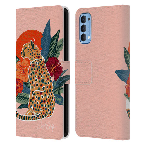 Cat Coquillette Tropical Wildlife Cheetah And Hibiscus Leather Book Wallet Case Cover For OPPO Reno 4 5G