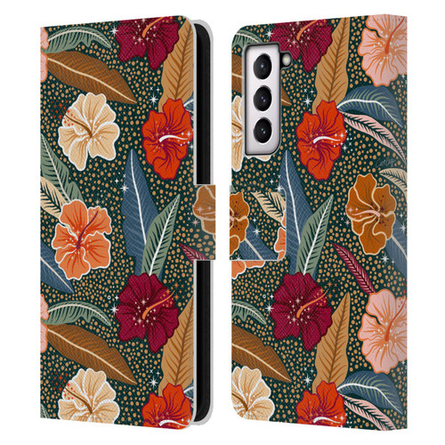 Cat Coquillette Tropical Wildlife African Hibiscus Leather Book Wallet Case Cover For Samsung Galaxy S21 5G