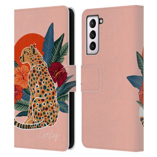 Cat Coquillette Tropical Wildlife Cheetah And Hibiscus Leather Book Wallet Case Cover For Samsung Galaxy S21 5G