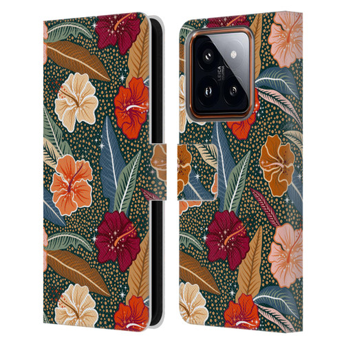 Cat Coquillette Tropical Wildlife African Hibiscus Leather Book Wallet Case Cover For Xiaomi 14