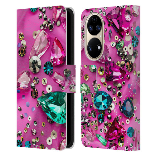 Haroulita Fancy Pattern Gemstones Hot Pink Leather Book Wallet Case Cover For Huawei P50