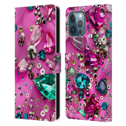 Haroulita Fancy Pattern Gemstones Hot Pink Leather Book Wallet Case Cover For Apple iPhone 12 Pro Max